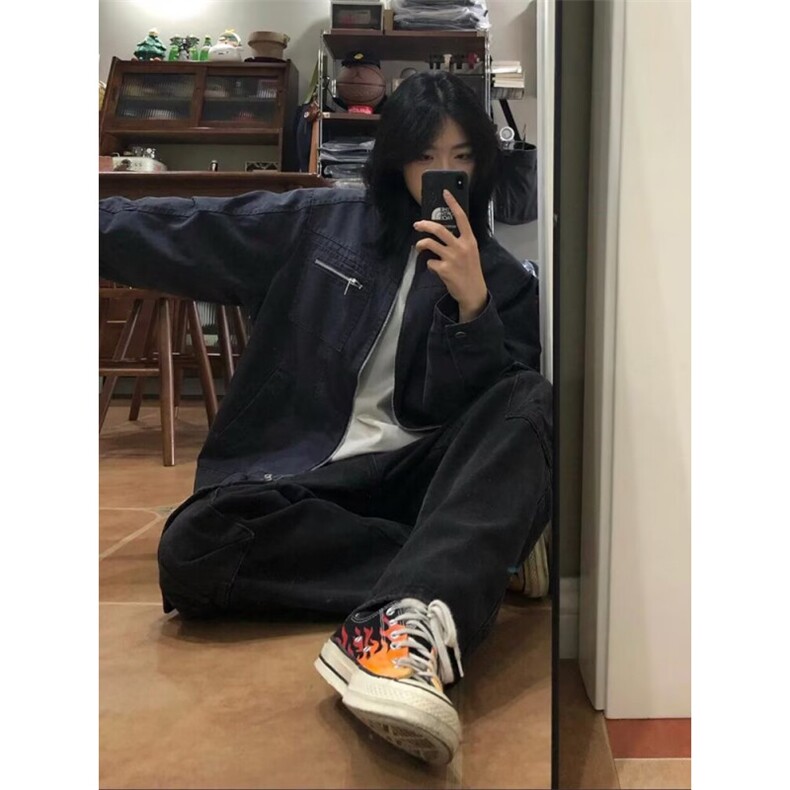 古着vintage帆布水洗外套男春季美式复古短款立领哈灵顿工装夹克图片