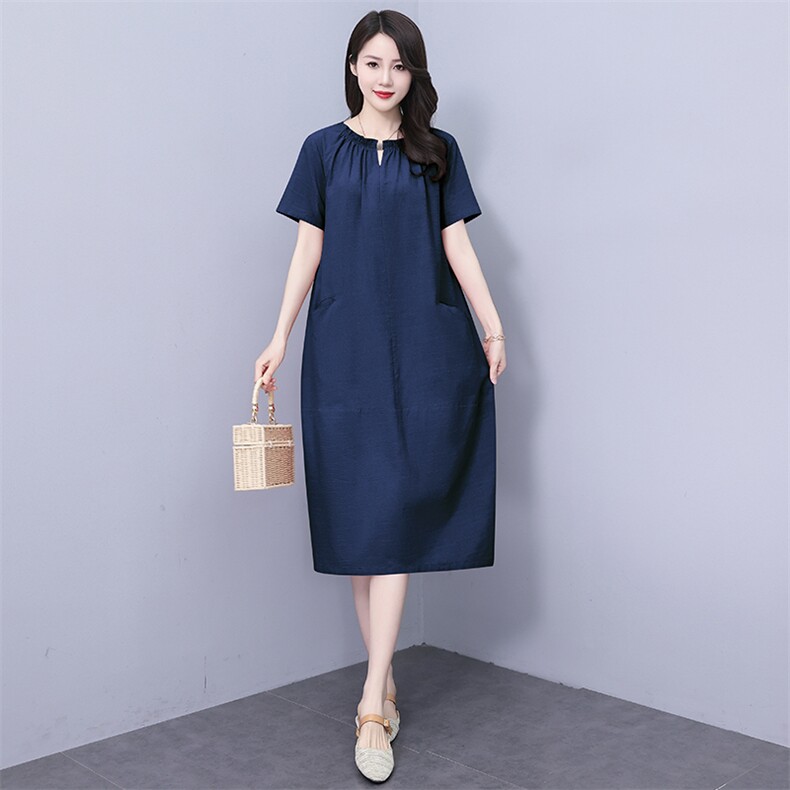 （现货）2025年夏季中长款套头宽松腰短袖圆领大码200斤连衣裙,女装连衣裙,深妍伊美