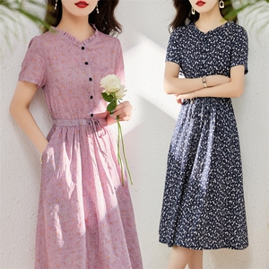 棉麻连衣裙夏季2025新款衣服大码女装高端精致气质碎花宽松长裙子，女装连衣裙，木橙西子