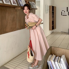 韩系甜美少女感粉色连衣裙女2024夏季新款高腰遮肚淑女泡泡袖裙子，女装连衣裙，维壹