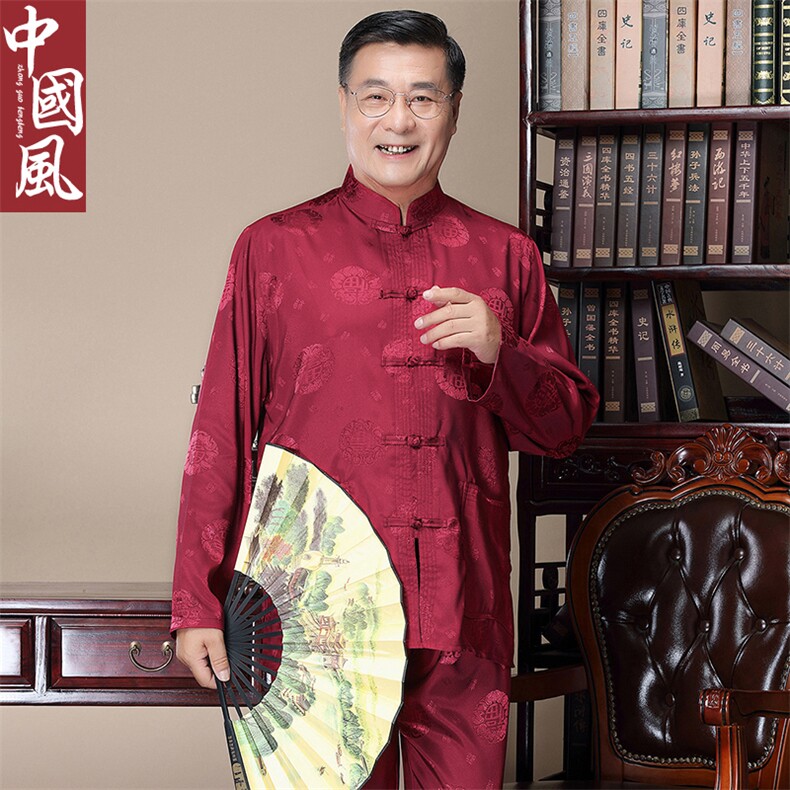 风中老年唐装男士春秋款福字长袖套装丝绸衬衫，男装中老年男装，钱塘723