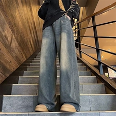 牛仔裤男款宽松阔腿裤秋季新款复古情侣直筒长裤子现货70111-p45，男装牛仔裤，星座1008