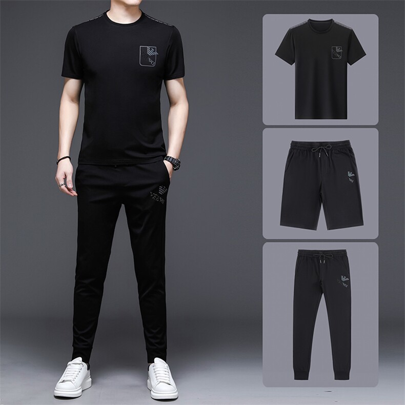 男装2023新款休闲商务套装男POLO衫冰丝圆领衣服中老年三件套图片