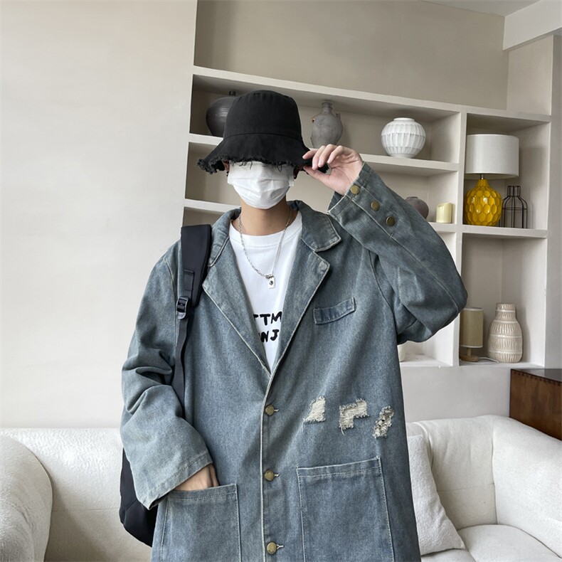 牛仔外套男秋冬季美式高街vibe宽松休闲水洗做旧潮牌痞帅西服夹克,男装西服,星座410-7