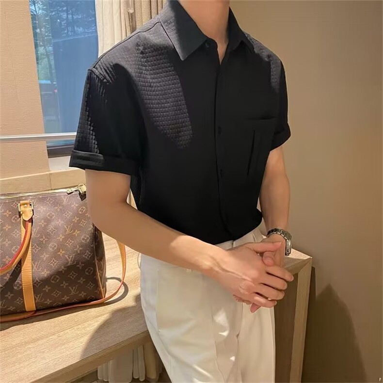 夏季复古潮男百搭垂感男短袖宽松休闲潮流美式痞帅设计感衬衣,男装衬衫,星座506A