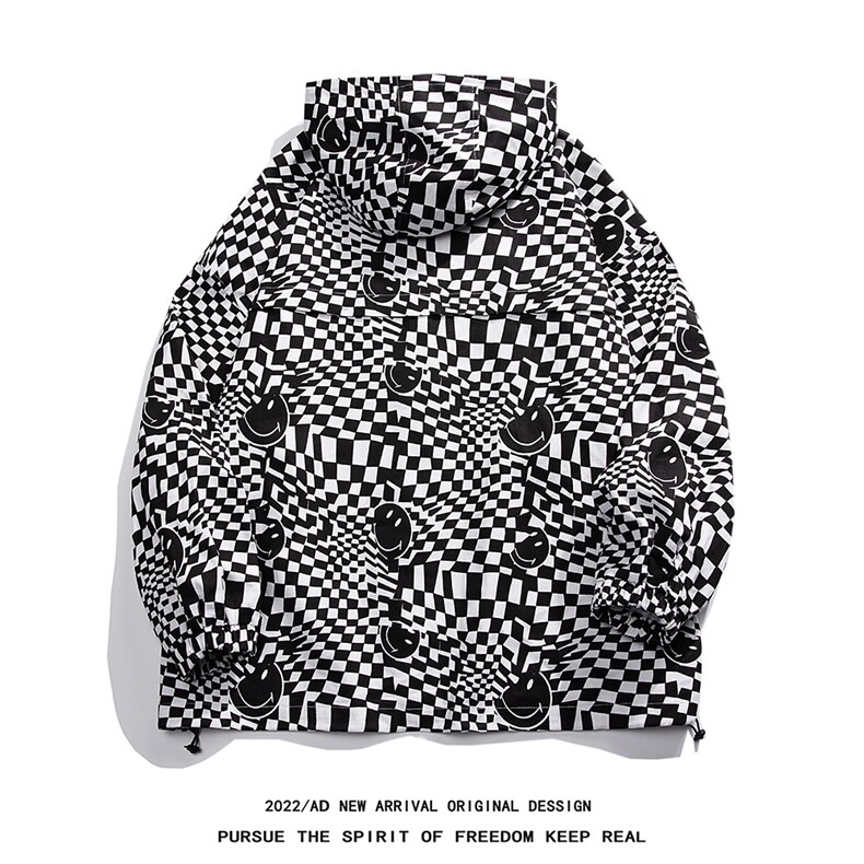 白底22秋季嘻哈炸街潮牌棋盘格笑脸印花连帽夹克外套G662P85K108,男装夹克,电商A247-1
