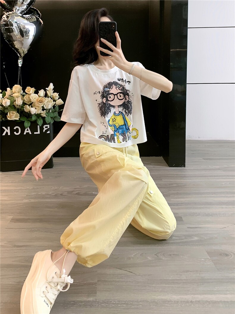 女夏季潮流时尚套装宽松显瘦圆领卡通印花T恤阔腿工装长裤两件套,女装套装/套裙,江南