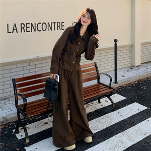 咖色复古衬衫套装女2025年秋季新款韩系超火ootd穿搭阔腿裤两件套图片