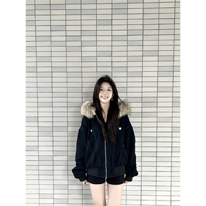 现货重磅boxy短款棉衣座山雕大毛毛领男女棉服水洗工装厚外套图片