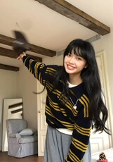 2025年秋季新款百搭女士条纹撞色套头圆领针织衫，女装针织衫/毛衣，雪真羊绒高端店