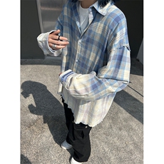 港风大码日系复古渐变刺绣翻领格子长袖衬衫XZ213-CS8811-P60控78，男装衬衫，星座213