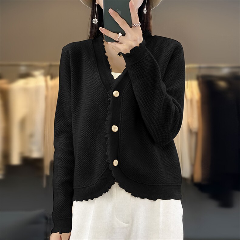 秋冬开衫毛衣女V领花边纯色短款外套宽松显瘦加厚羊毛长袖针织衫,针织衫/毛衣,佳绒包芯纱店