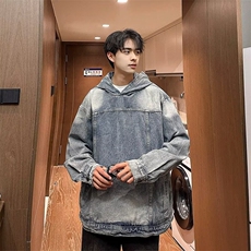 做旧水洗连帽牛仔卫衣男女秋季美式复古街头风宽松情侣外套夹克男，男装工装外套，星座1210-1
