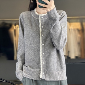 早秋撞色花边针织开衫外套女2025新款洋气大码女装上衣秋冬毛衣图片