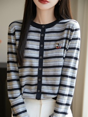 春夏圆领薄款条纹天丝莱赛尔针织开衫女宽松复古拼色长袖上衣外套，女装针织衫/毛衣，暖烁羊绒