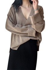 春季新款纯色V领羊毛衫女宽松针织显瘦打底套头衫毛衣，女装羊毛衫，臻纶羊绒