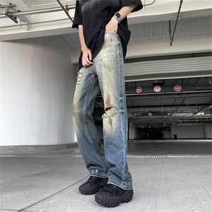 DT1718-P50新款牛仔裤男潮牌直筒阔腿裤男生美式潮牌休闲裤子男图片