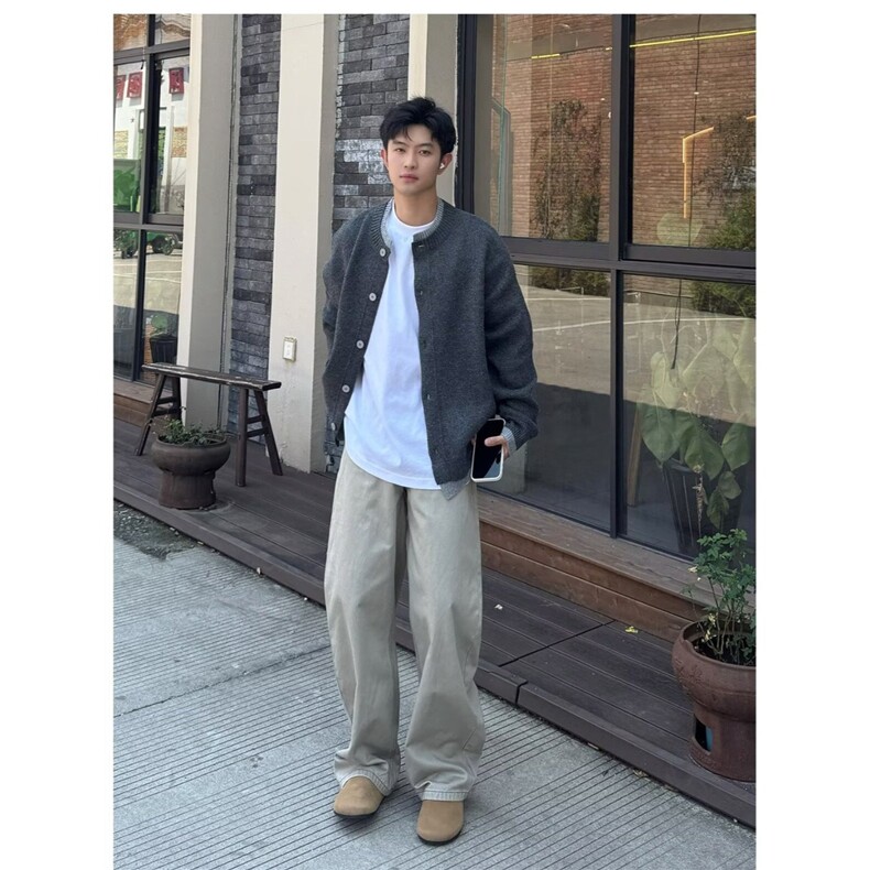 日系男士复古圆领假两件开衫秋冬季宽松休闲针织衫高级感毛衣外套,男装针织衫/毛衣,星座506A