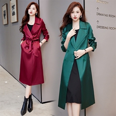 仿醋酸缎面风衣中长款过膝2025春秋新款高端精致英伦气质显瘦外套，女装风衣，时尚俏佳人