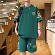 夏季拼接T恤两件套潮流短裤刺绣休闲运动套装男A266-TZ8807-P47，男装T恤，电商A266