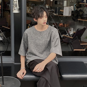 现货夏季纯色亚麻潮宽松新中式大码棉麻短袖男MT08-特P25控48