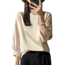 七分袖圆领纯色2024年秋季套头简约衬衫，女装衬衫，绒宛羊绒
