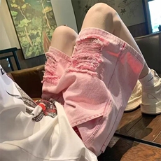 夏季粉红色破洞牛仔裤男时尚薄款松紧裤沙滩旅游多巴胺五分裤，男装牛仔裤，星座506A