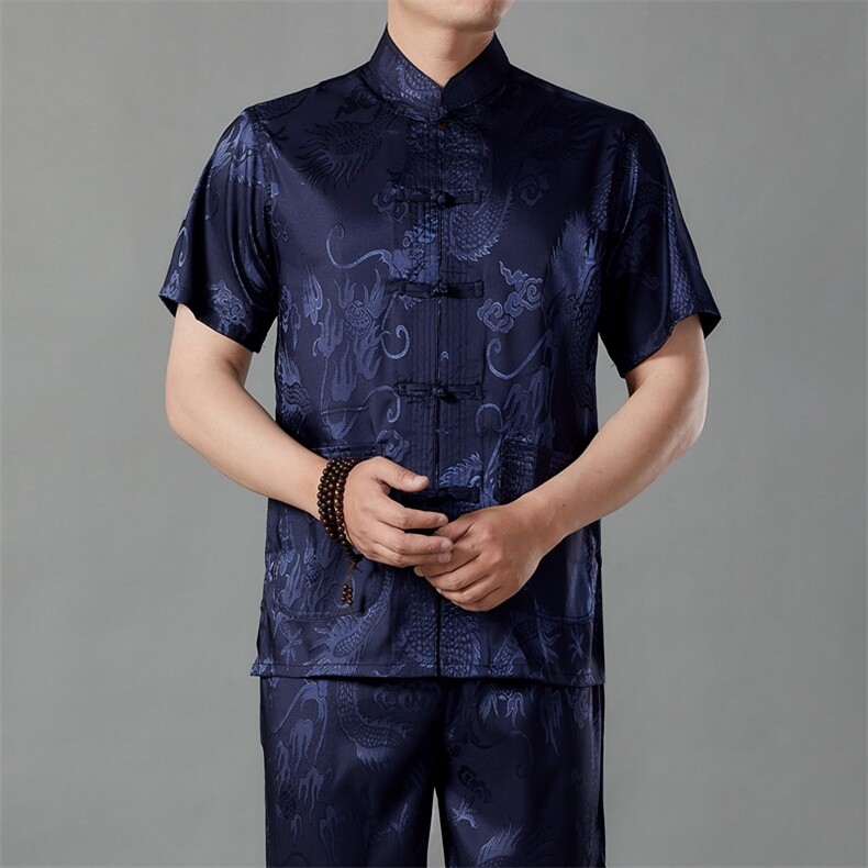 唐装冰丝男短袖套装中老年汉服春夏爸爸装男风老人爷爷太极服,男装民族服装,电商B212（原钱塘6029）