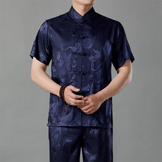 唐装冰丝男短袖套装中老年汉服春夏爸爸装男风老人爷爷太极服，男装民族服装，电商B212（原钱塘6029）