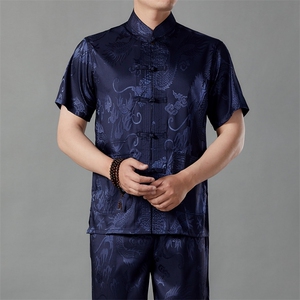 唐装冰丝男短袖套装中老年汉服春夏爸爸装男风老人爷爷太极服图片