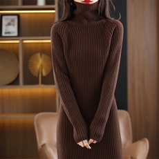 百搭女秋冬羊毛连衣裙半高领修身显瘦长袖针织裙气质保暖毛衣裙，女装连衣裙，暖思雅