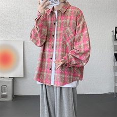 衬衫男秋季新款港风宽松大码磨毛格子扎染长袖衬衣CS507-P35，男装衬衫，星座214-3