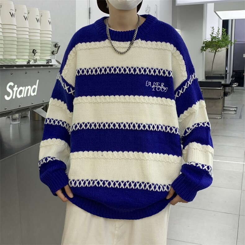 秋冬高街条纹毛衣男设计感小众慵懒风情侣针织衫上衣M652-P43,男装针织衫/毛衣,星座512-3