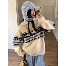 网图有货美式休闲费尔岛半拉链套头毛衣男女宽松针织衫A1260-P60，男装针织衫/毛衣，星座1505