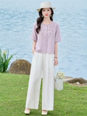 2026年夏季重工刺绣小衫阔腿裤套装休闲套装女，女装套装/套裙，依路服饰