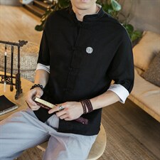 夏季大码风中式短袖T恤薄款盘扣棉麻衬衫唐装情侣潮C30/P55，男装衬衫，钱塘713