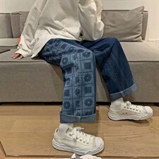 新款牛仔裤港味潮流百搭痞帅直筒宽松拼接老爹裤潮牌阔腿765-p45，男装牛仔裤，星座1008