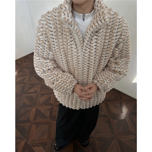 冬季男士棉服兔毛条纹绒虎皮纹宽松加绒加厚外套棉衣特p95图片