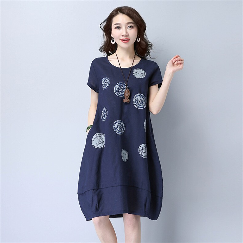 中长款印花口袋2021年夏季件宽松腰连衣裙抽象图案麻时尚,女装连衣裙,独衣靓