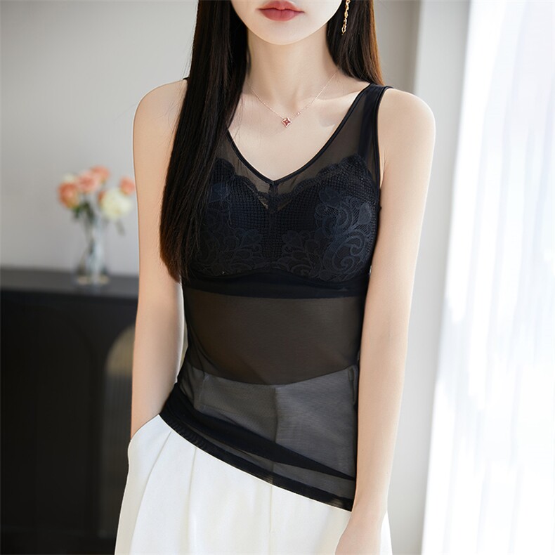 背心女美背带胸垫一体网纱免穿文胸内衣无痕收腹薄丝纱女神内搭薄,女装背心吊带,暖烁羊绒