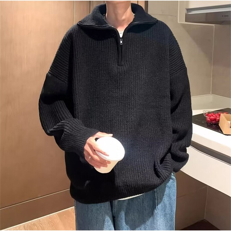 抖音得物保暖立领拉链针织外套秋冬宽松慵懒风纯色毛衣上衣AM01,男装针织衫/毛衣,电商A443