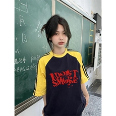夏季美式高街重磅纯棉三条杠织带插肩撞色男女短袖T恤CZ96-特P25，男装T恤，电商A486
