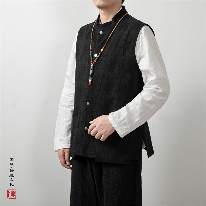 秋冬新款风男装棉麻提花立领新中式唐装马甲MJ85P75,男装民族服装,钱塘802