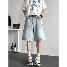 美式高级感牛仔短裤男女夏季潮牌复古裤子欧美伐木阔腿M2069-P44，男装牛仔裤，星座1109-3