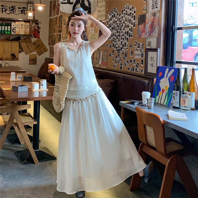 法式亮片刺绣背心套装女2025夏季新款显瘦海边度假风半身裙两件套,女装套装/套裙,2C271
