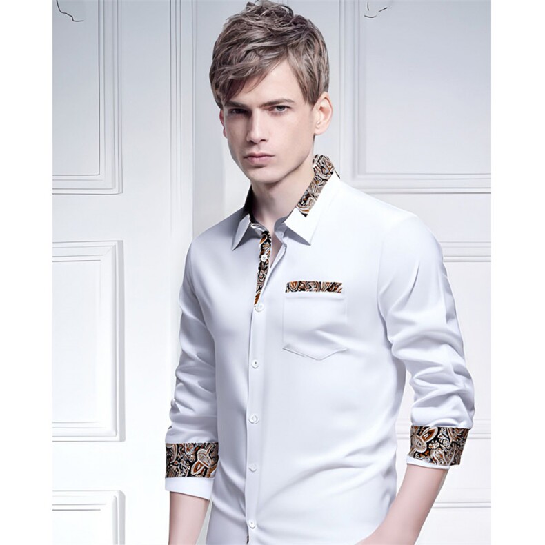 新款男士三角领腰果花拼色长袖衬衫A354P45，男装衬衫，星座1314