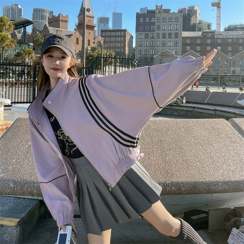 粉紫色冲锋衣外套女2025春季新款设计感条纹拼接宽松立领短款夹克,女装短外套,帛香坊