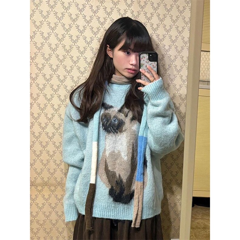 韩系甜美风可爱猫咪提花圆领套头毛衣冬季宽松显瘦针织衫,男装针织衫/毛衣,星座506A