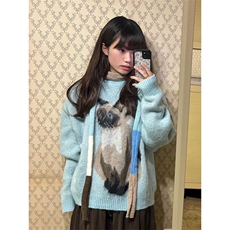 韩系甜美风可爱猫咪提花圆领套头毛衣冬季宽松显瘦针织衫，男装针织衫/毛衣，星座506A