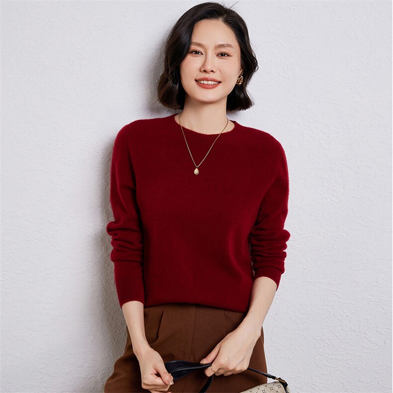 优雅女士羊毛圆领毛衣简约百搭显瘦长袖针织衫,女装羊毛衫,温伦斯特羊绒
